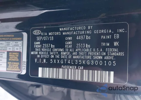 2019 Kia Optima Lx z USA, uszkodzony, nr VIN 5XXGT4L35KG300105